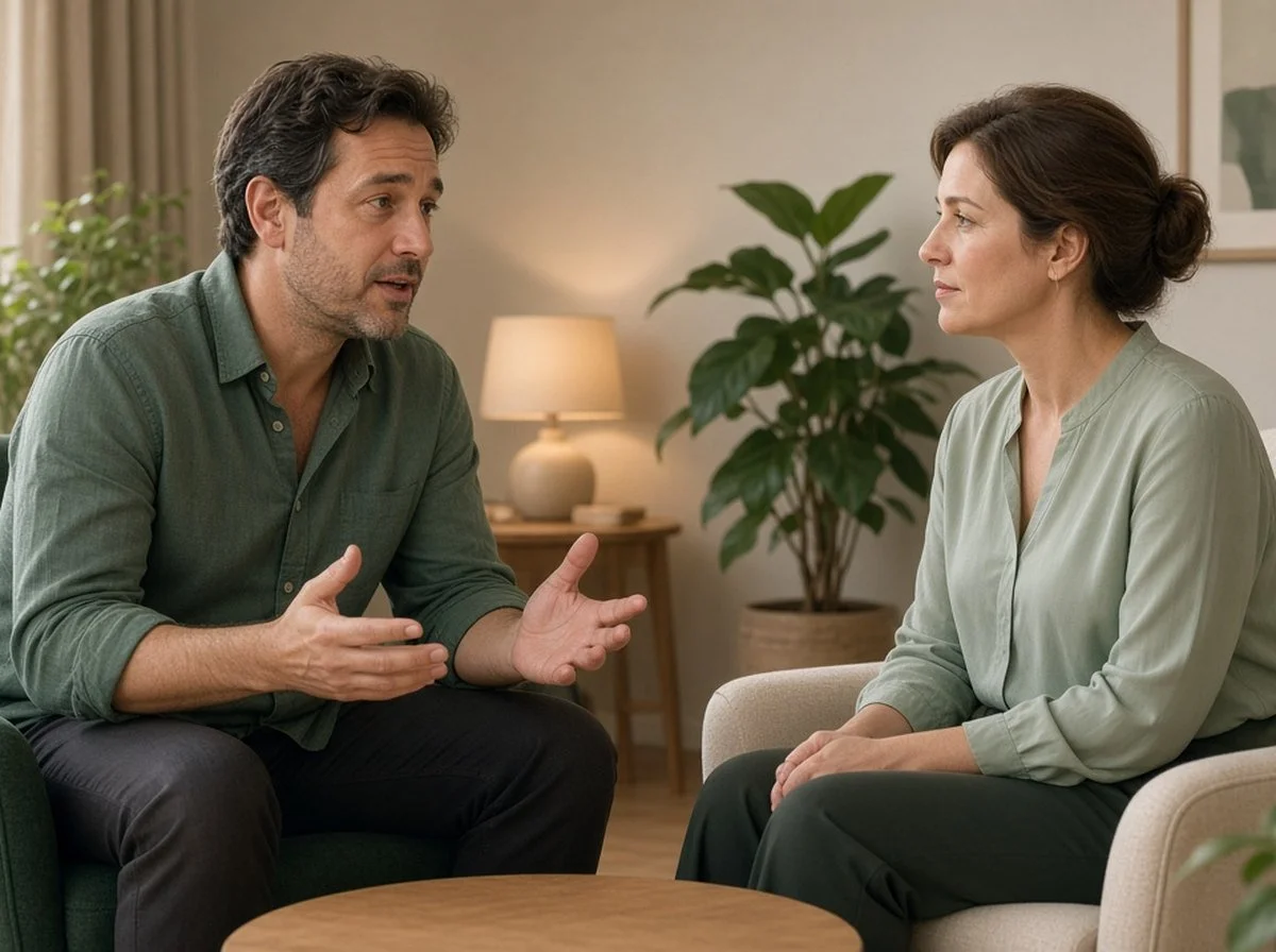 Man and a therapist talking in a warm, softly lit room