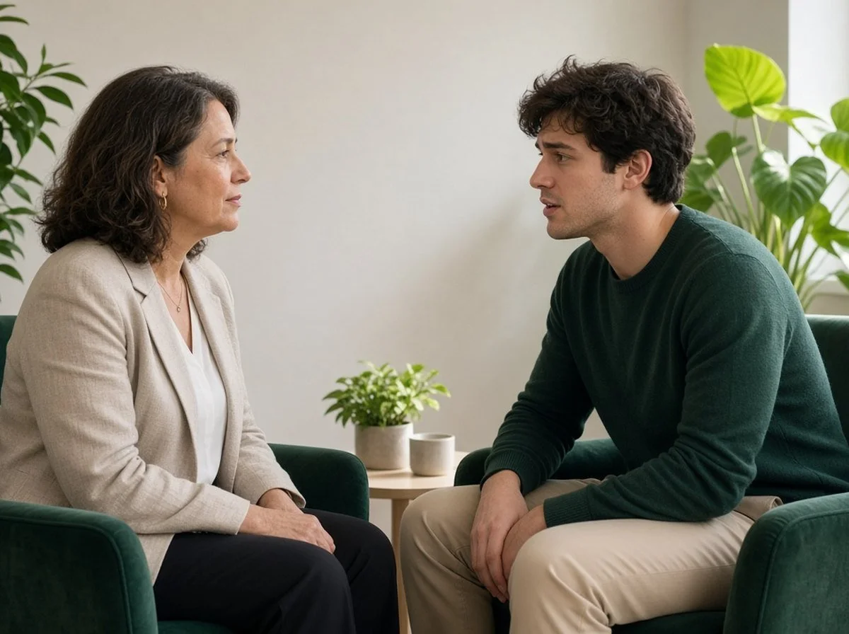 A therapist and a client talking face to face in a calm, sunlit counselling room