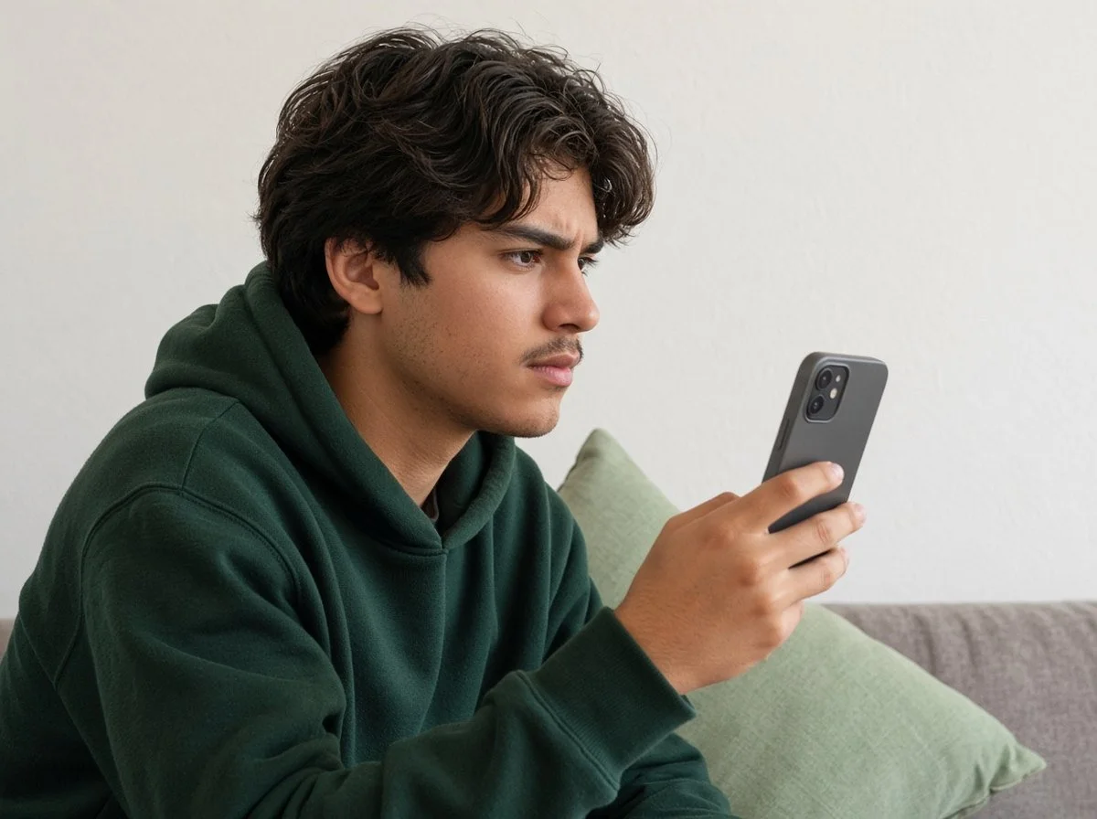 Young man thinking about something he saw on his phone