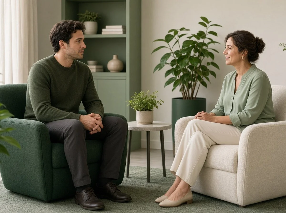 A man talking with a counsellor in a calm office
