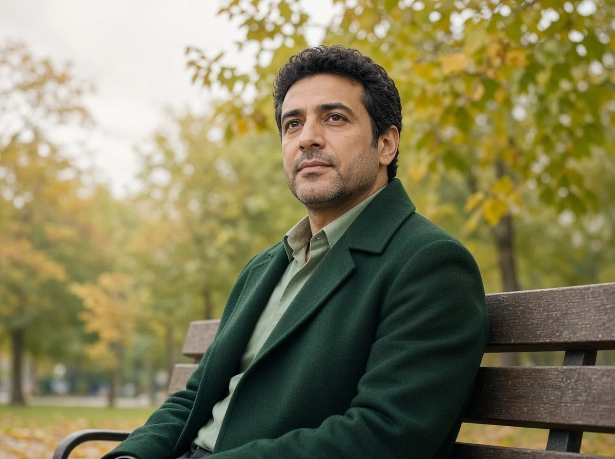 Man sitting on a park bench, thinking calmly