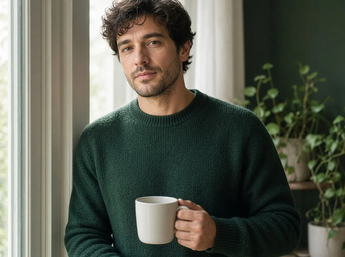 Calm man by a window holding a mug