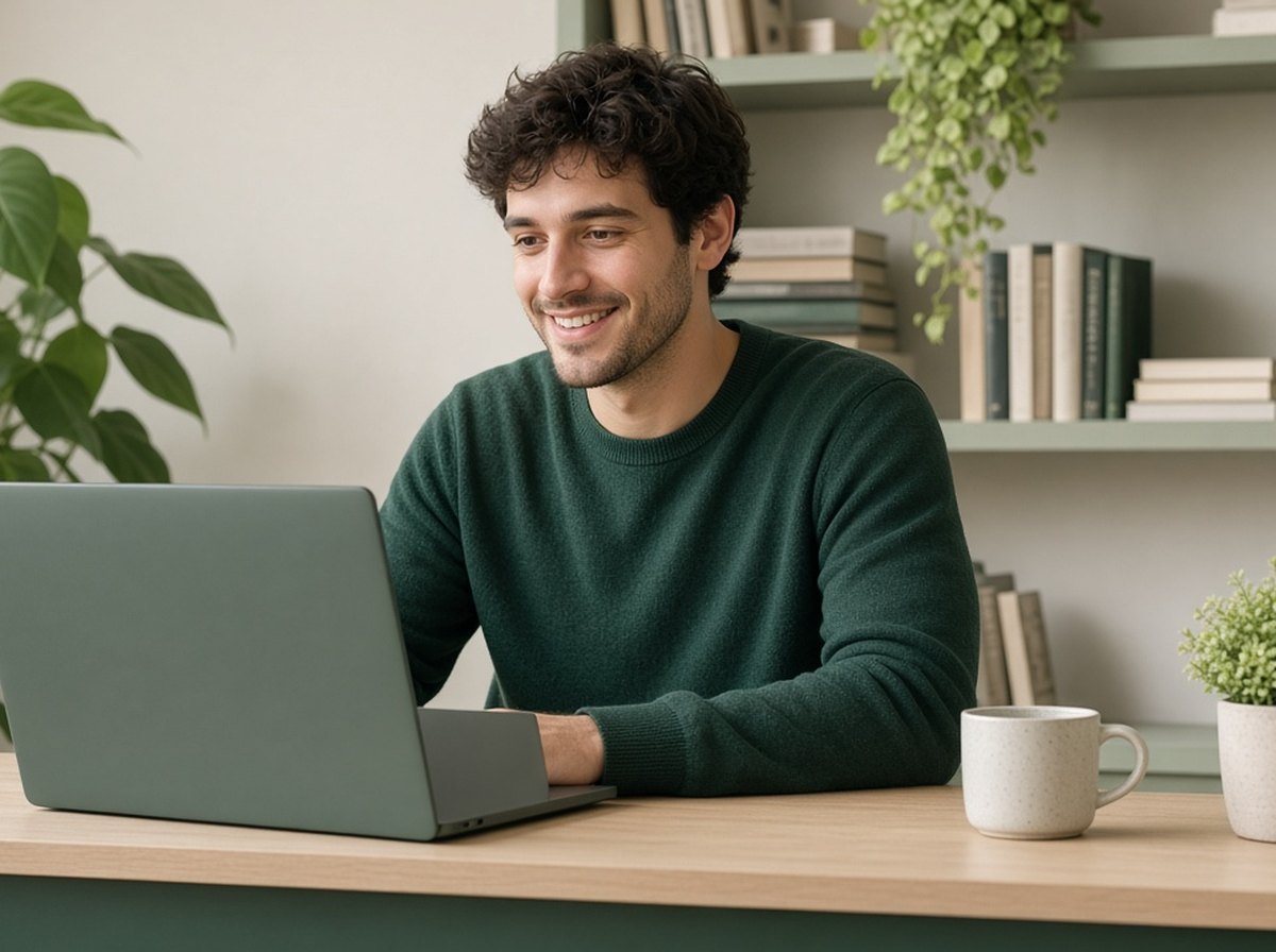 A young adult smiling during a video consultation at home