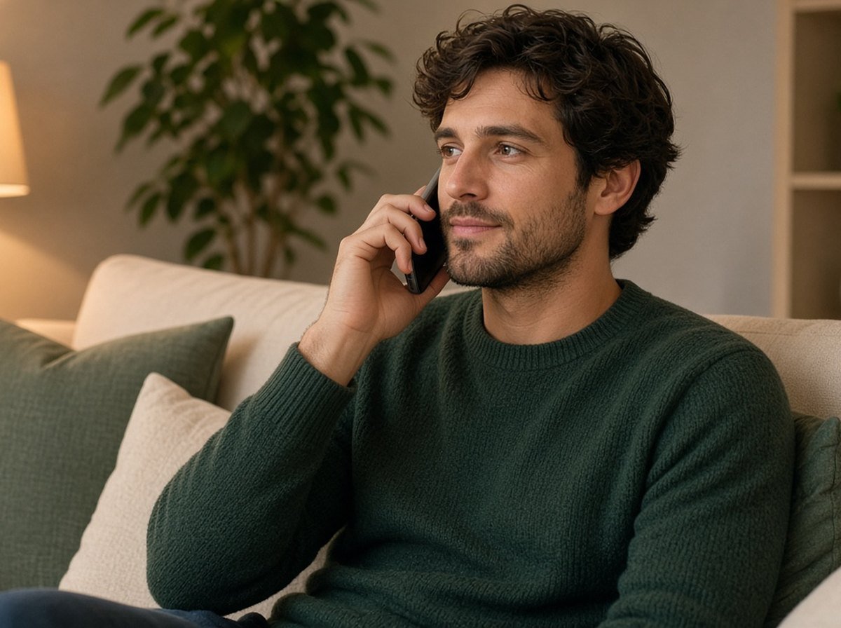 A man on the phone calmly supporting a friend through a panic attack