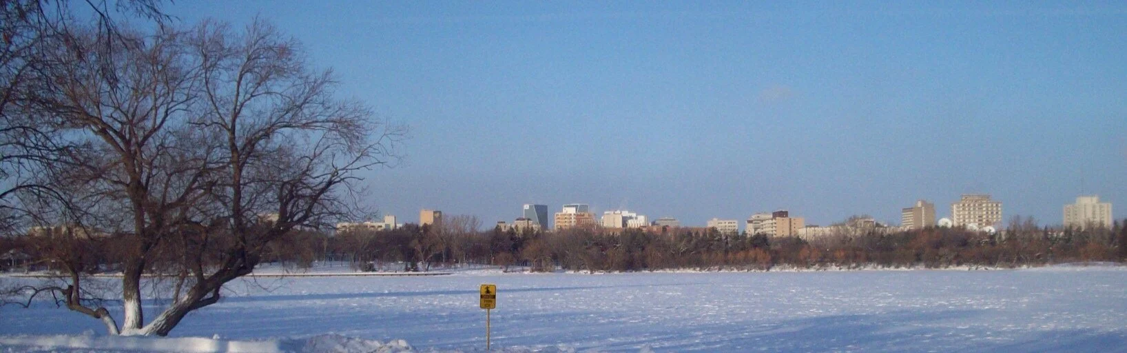 Wascana Lake in Regina covered in snow and ice.