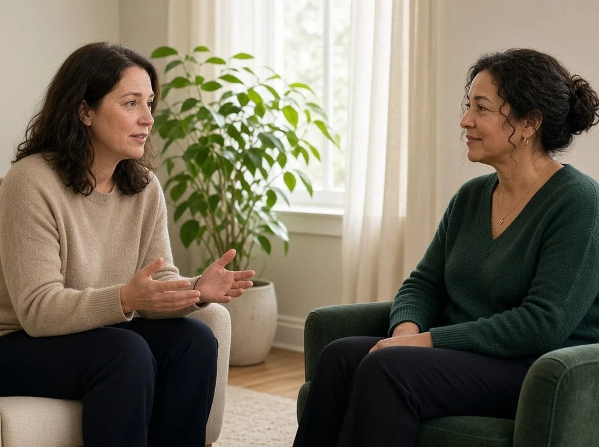 A woman and a counsellor facing each other talking in a calm room