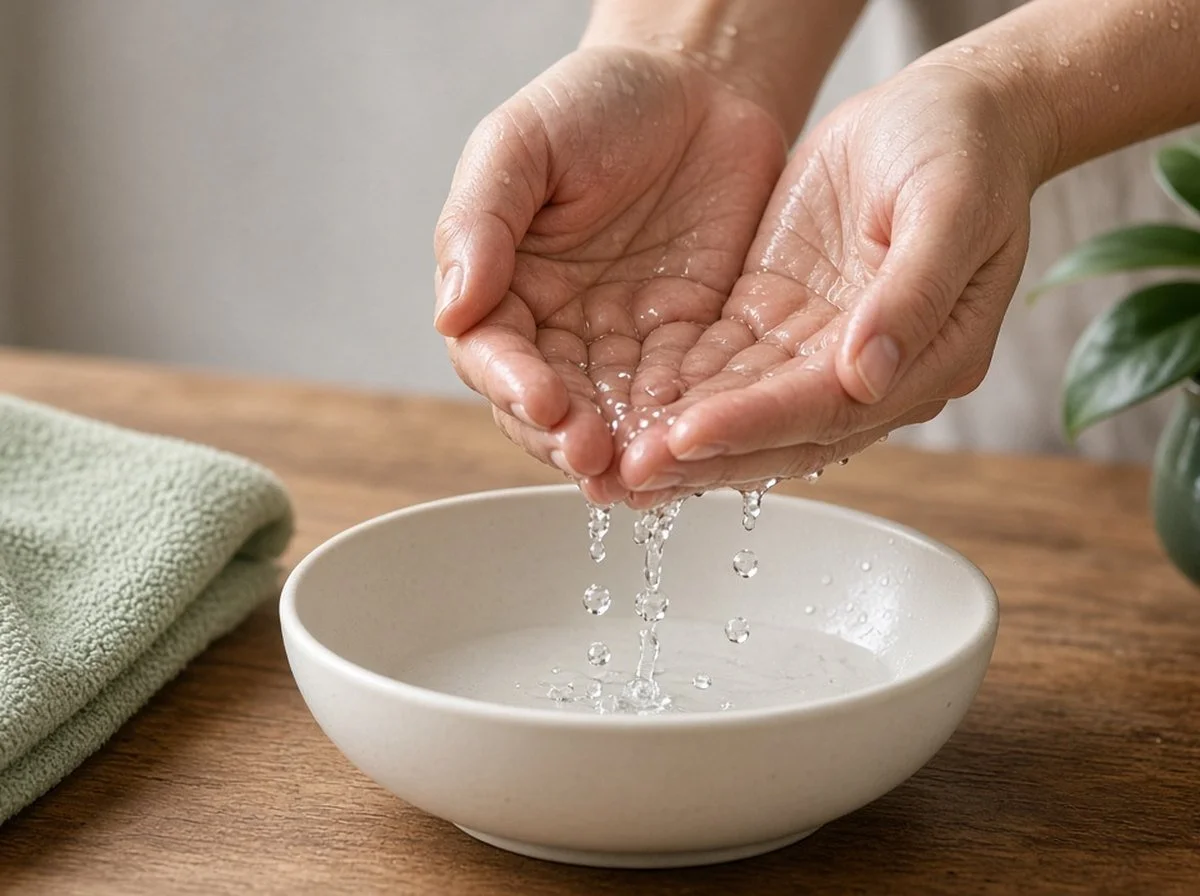 Hands holding cold water over a bowl, a calming DBT skill.
