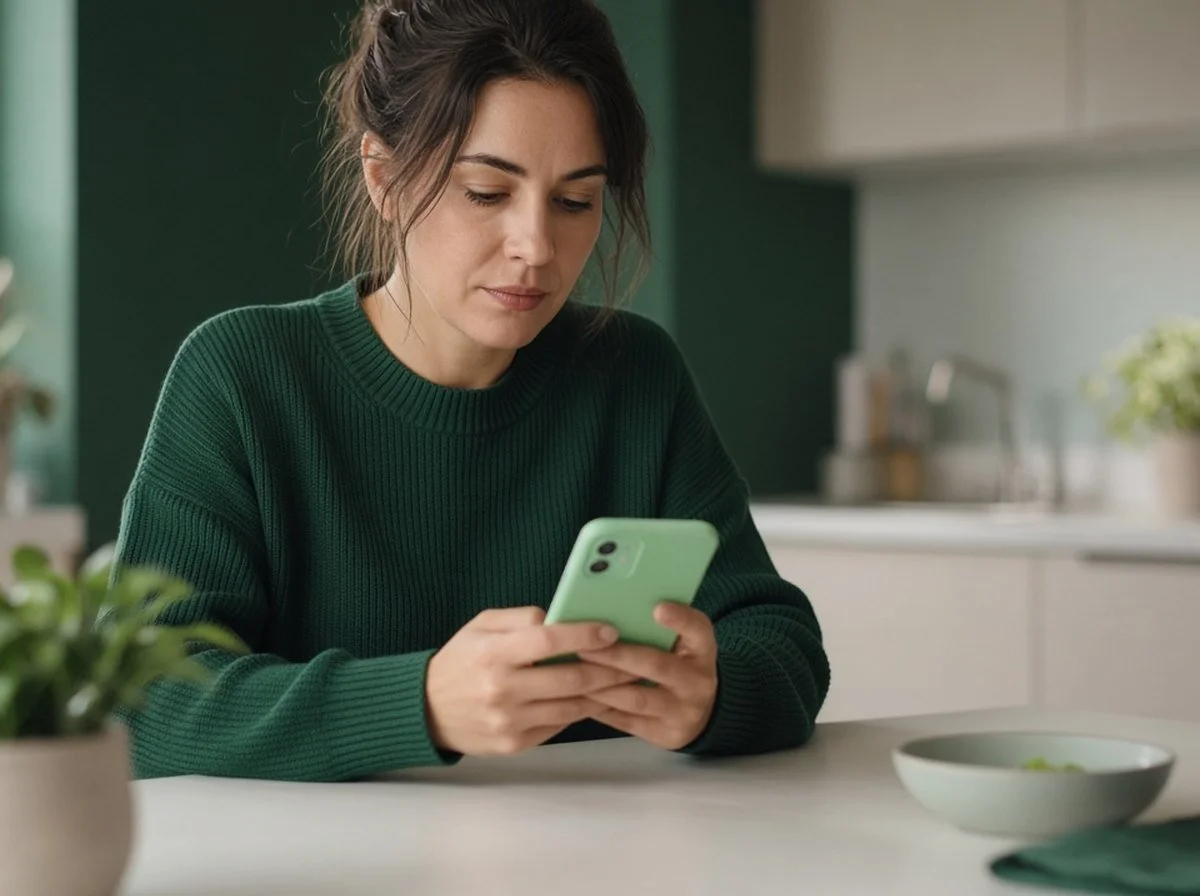 A person looking thoughtfully at a phone at a kitchen table