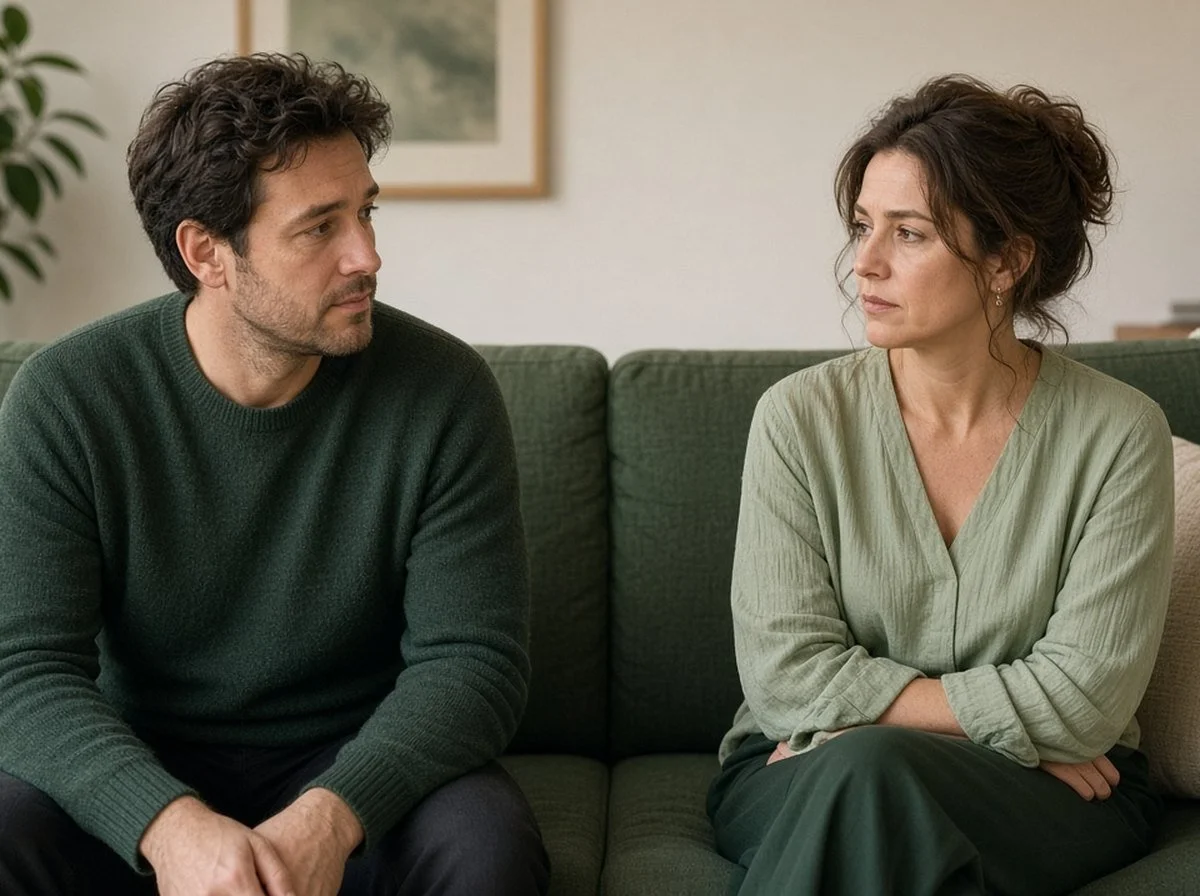 Couple sitting facing each other on a sofa having a serious, quiet conversation