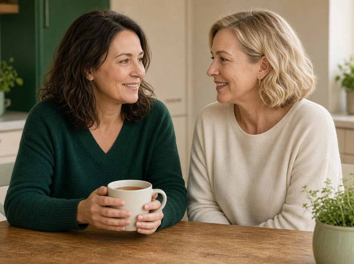 A woman talking with a friend over tea at a kitchen table