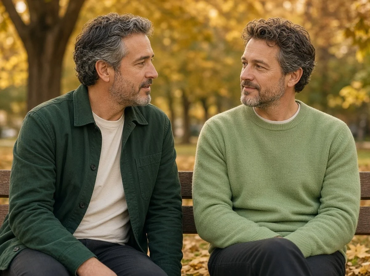Two friends talking on a park bench in autumn