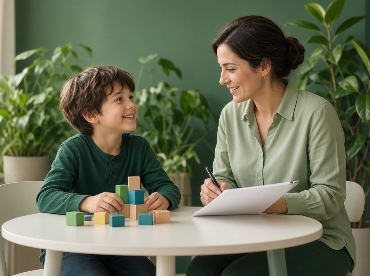 Boy playing with blocks and smiling at a psychologist taking notes at a small table