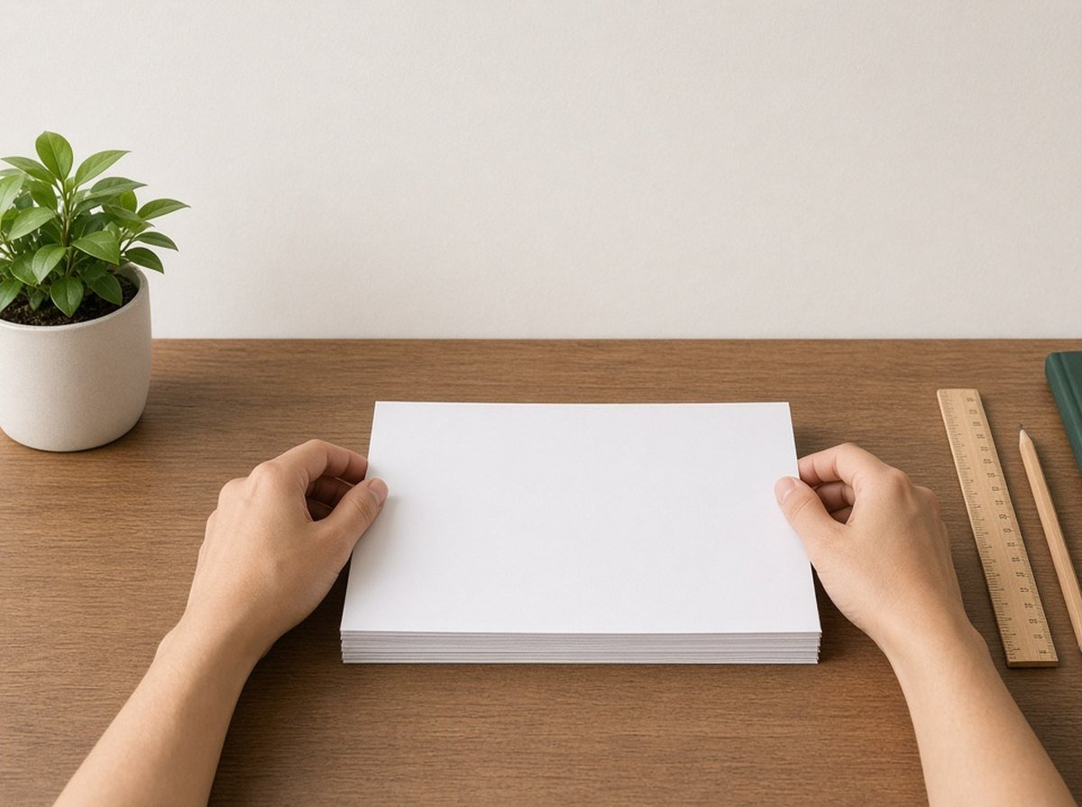Hands carefully straightening papers on a perfectly arranged desk