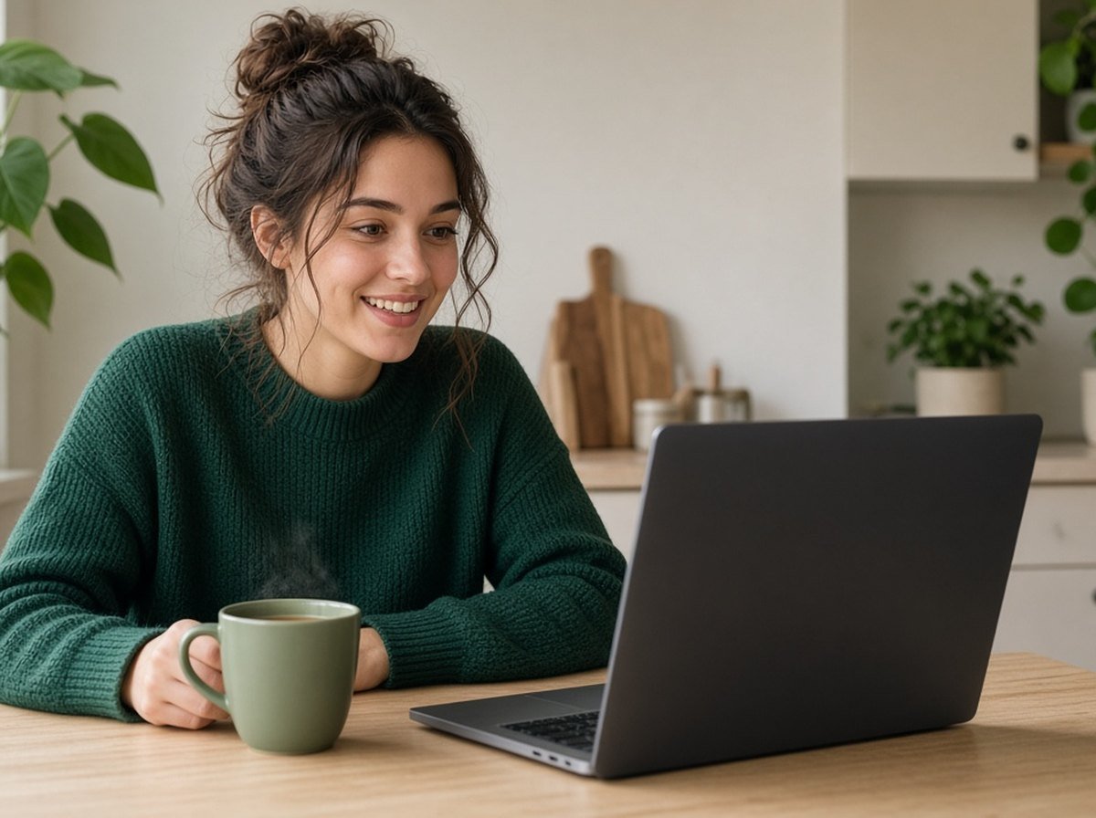A young adult at a kitchen table taking part in an online therapy session on a laptop