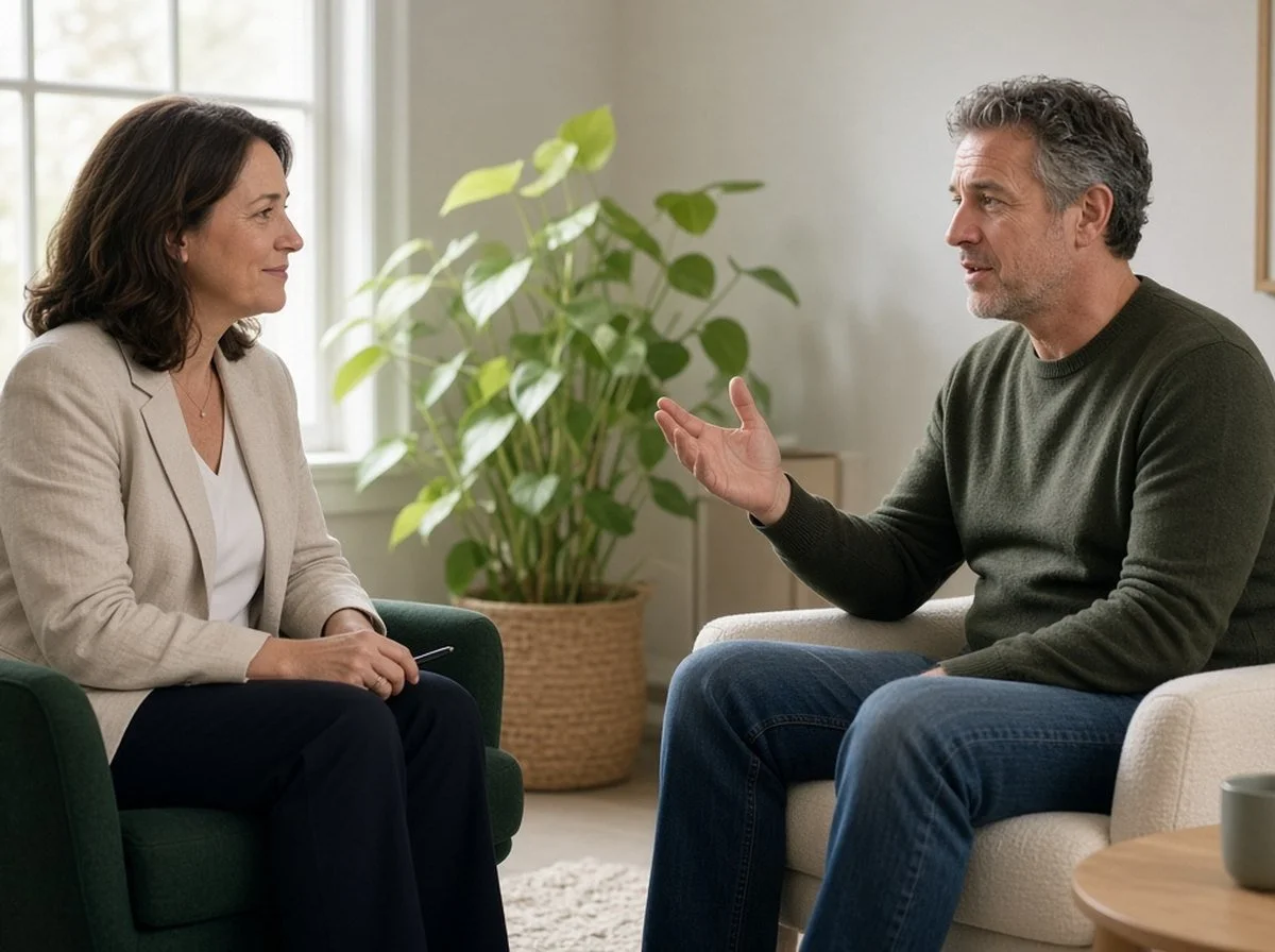A counsellor and a man in his fifties talking face to face in a calm counselling room