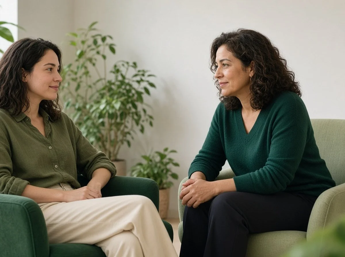 An adult relaxing during a conversation with a therapist