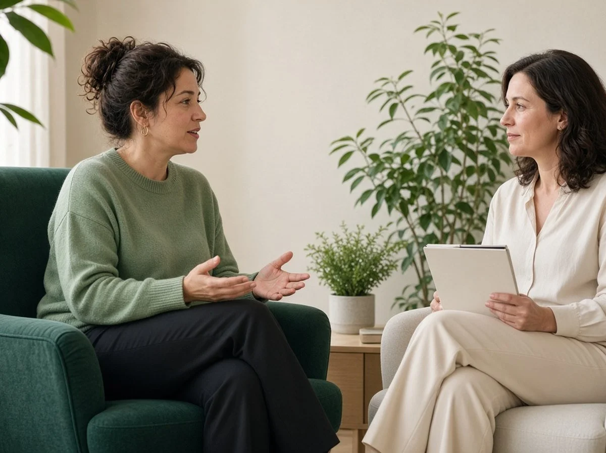 Woman in a green armchair talking with a therapist who listens with a notepad