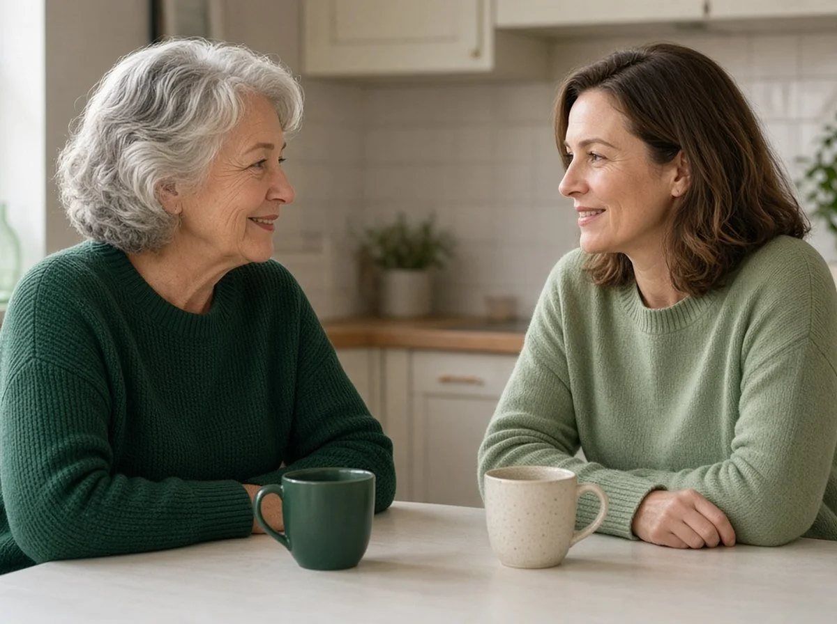 An older adult and adult child talking at a kitchen table