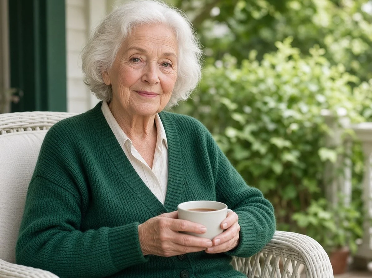 Older woman holding a cup of tea on a porch