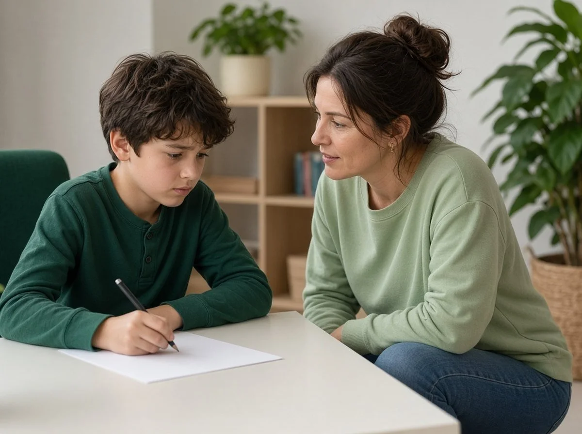 Boy at a desk with a worksheet as his mother kneels beside him and encourages him