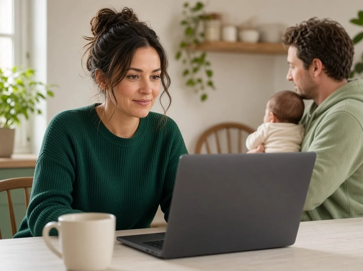 A parent in an online therapy session at home while a partner holds the baby