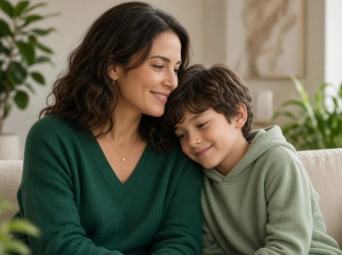 A mother reassuring her young son as they sit together in a bright waiting area