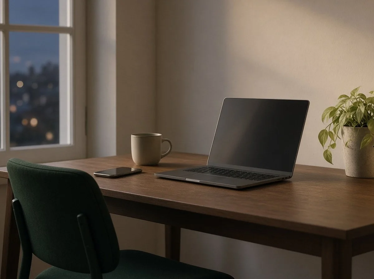 A home desk in the evening with a laptop, a phone and a potted plant waiting to be watered