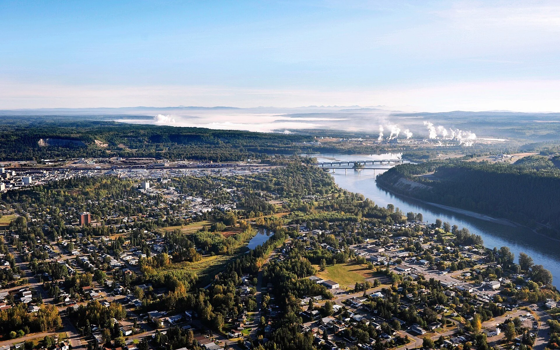 Aerial view of Prince George, British Columbia, where the Nechako and Fraser rivers meet.