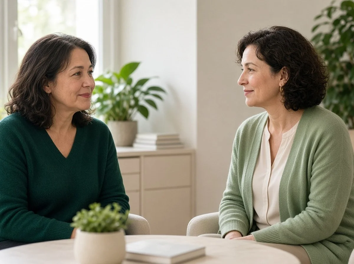 A woman in her fifties talking with a counsellor in a bright office
