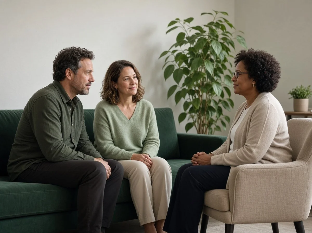 Couple talking together with a therapist in a calm counselling office