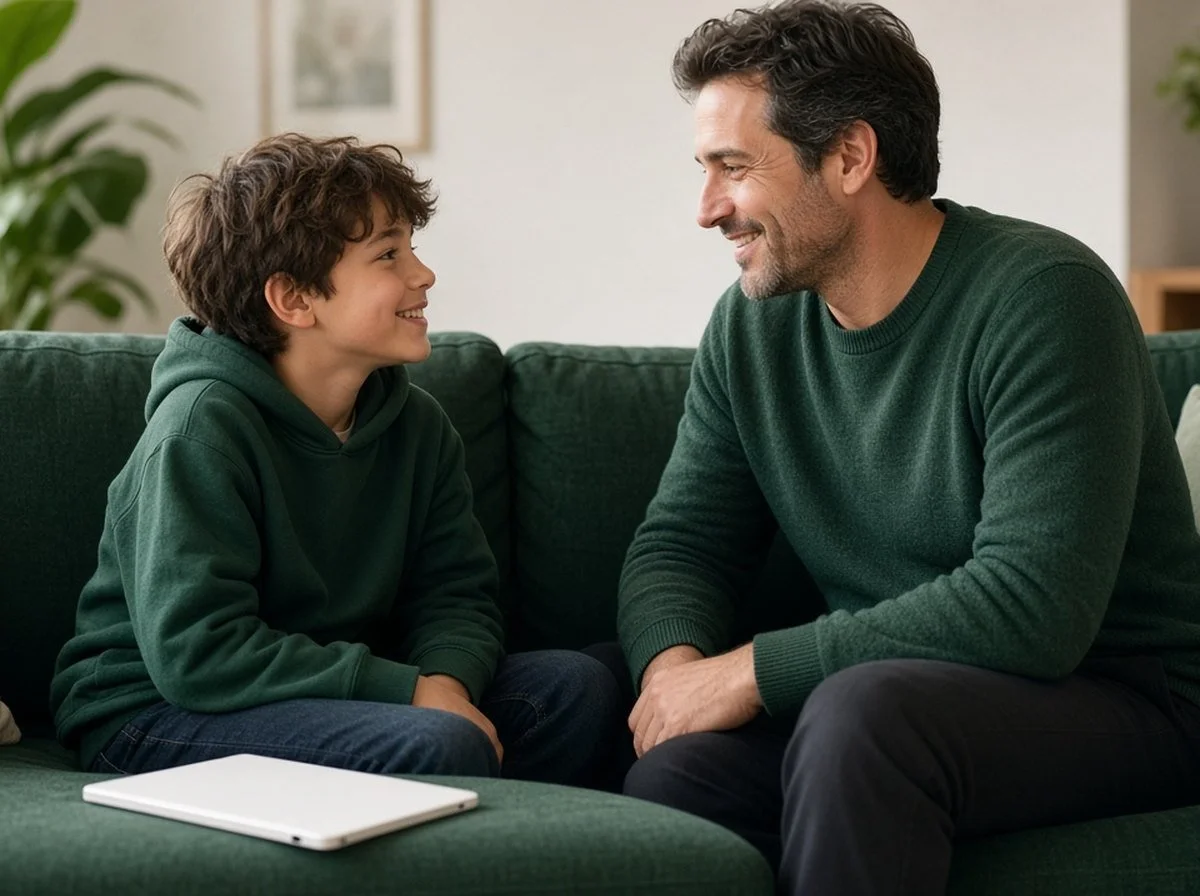 A father and son talking together on the sofa