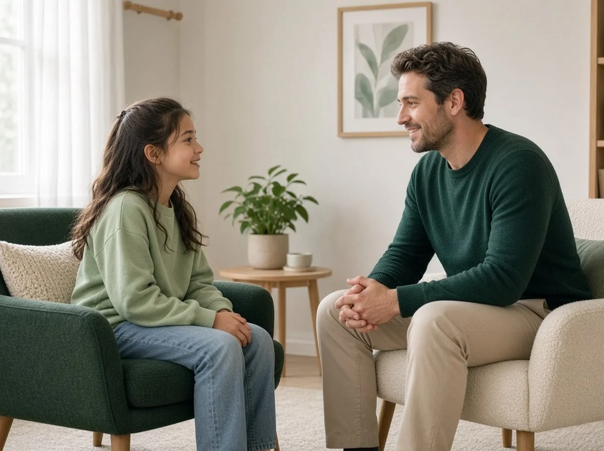 A child and a counsellor talking in a bright office