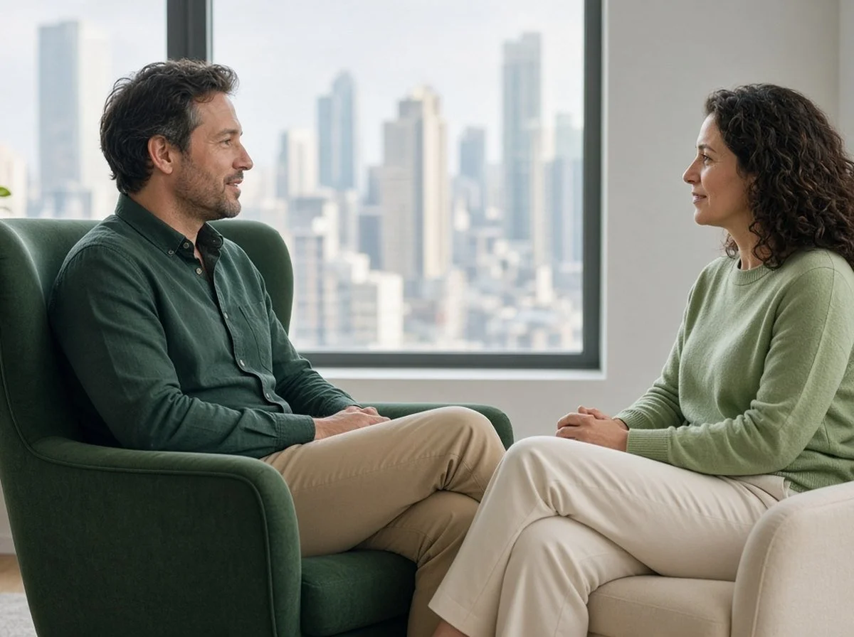 Man in a green armchair talking with a therapist by a window with a city skyline