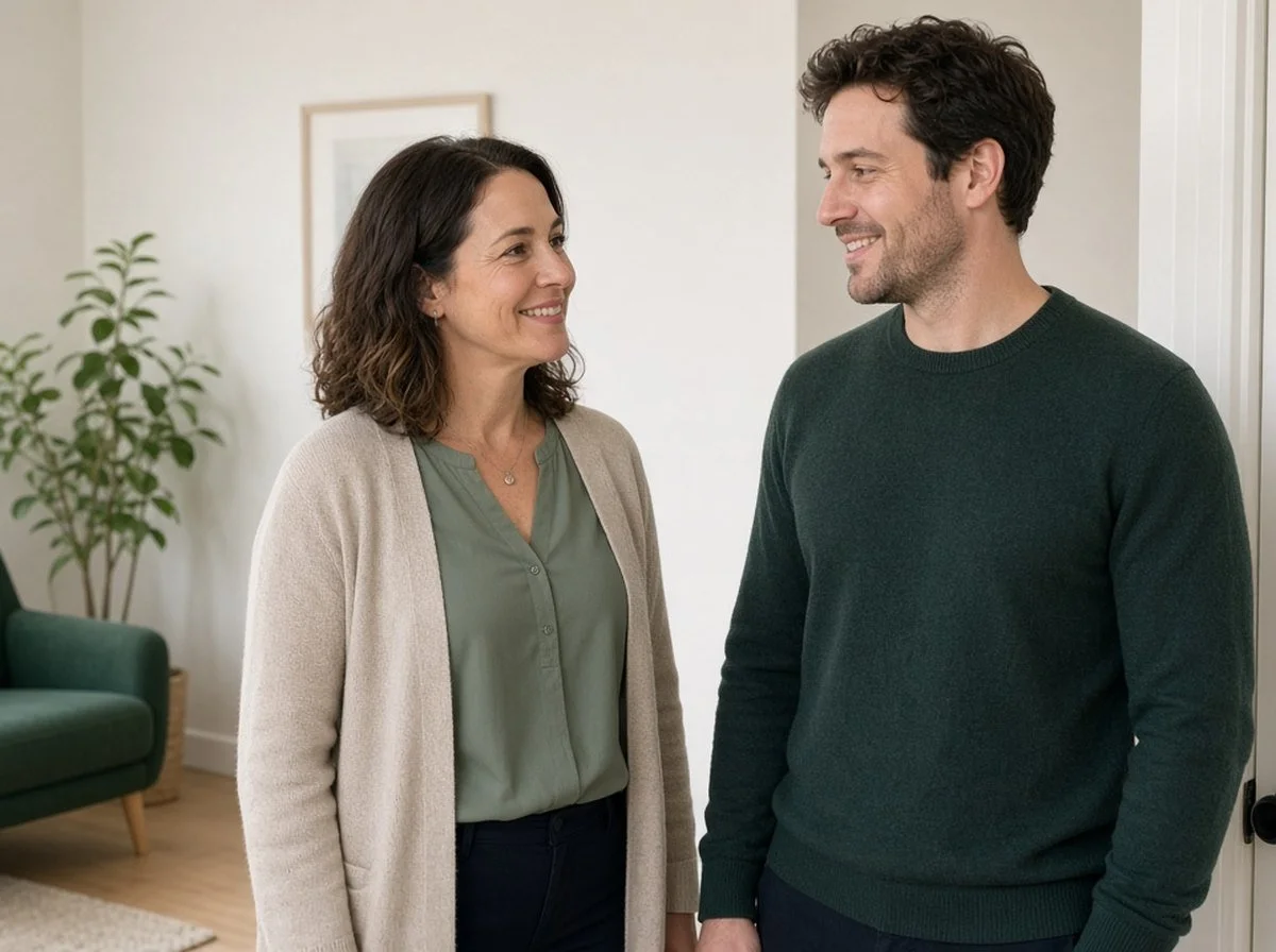Woman and a male therapist smiling at the end of a session