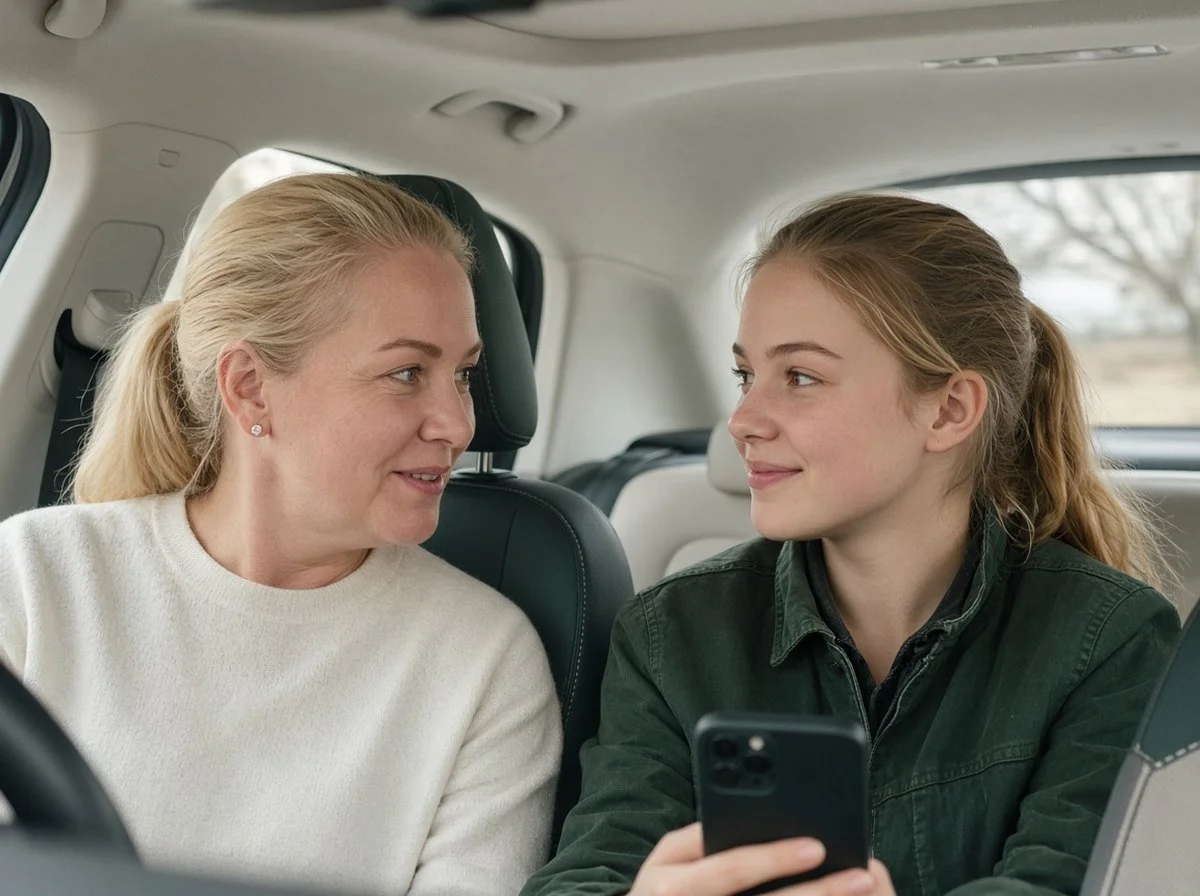Mother and teen daughter talking calmly in a parked car