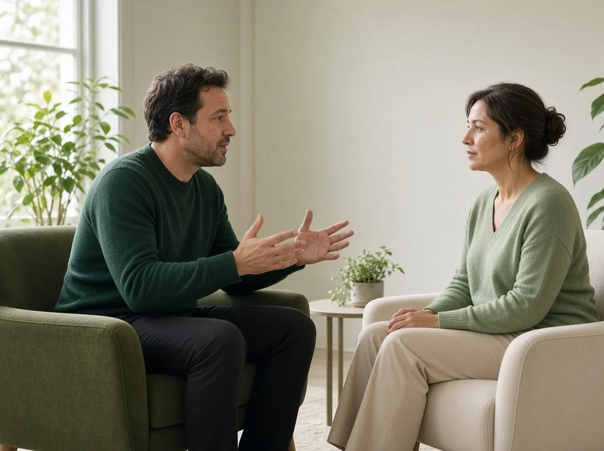 Man talking thoughtfully with a therapist in a bright room