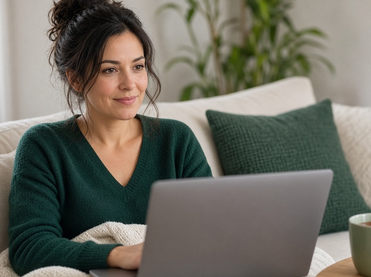 Woman in an online therapy session on her sofa with tea