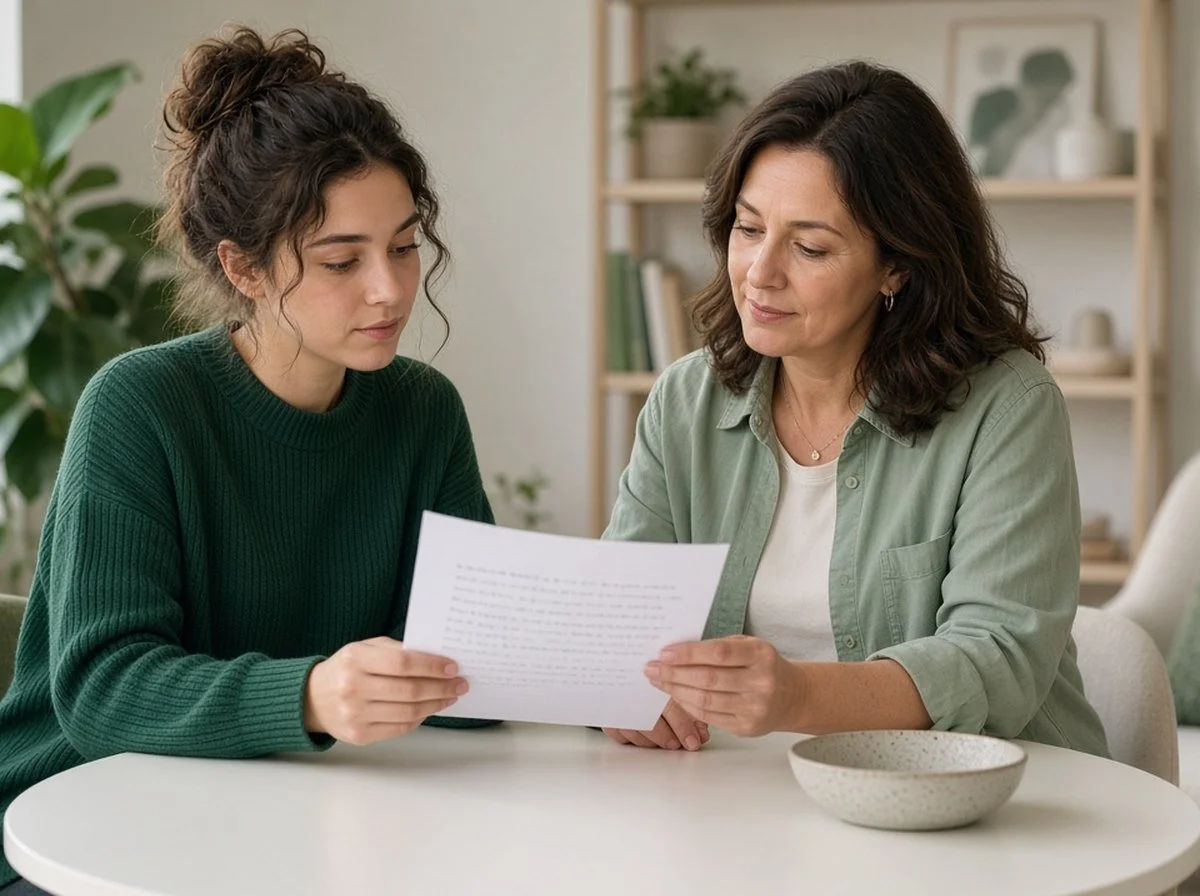 Young woman and a woman therapist reading a page of notes together