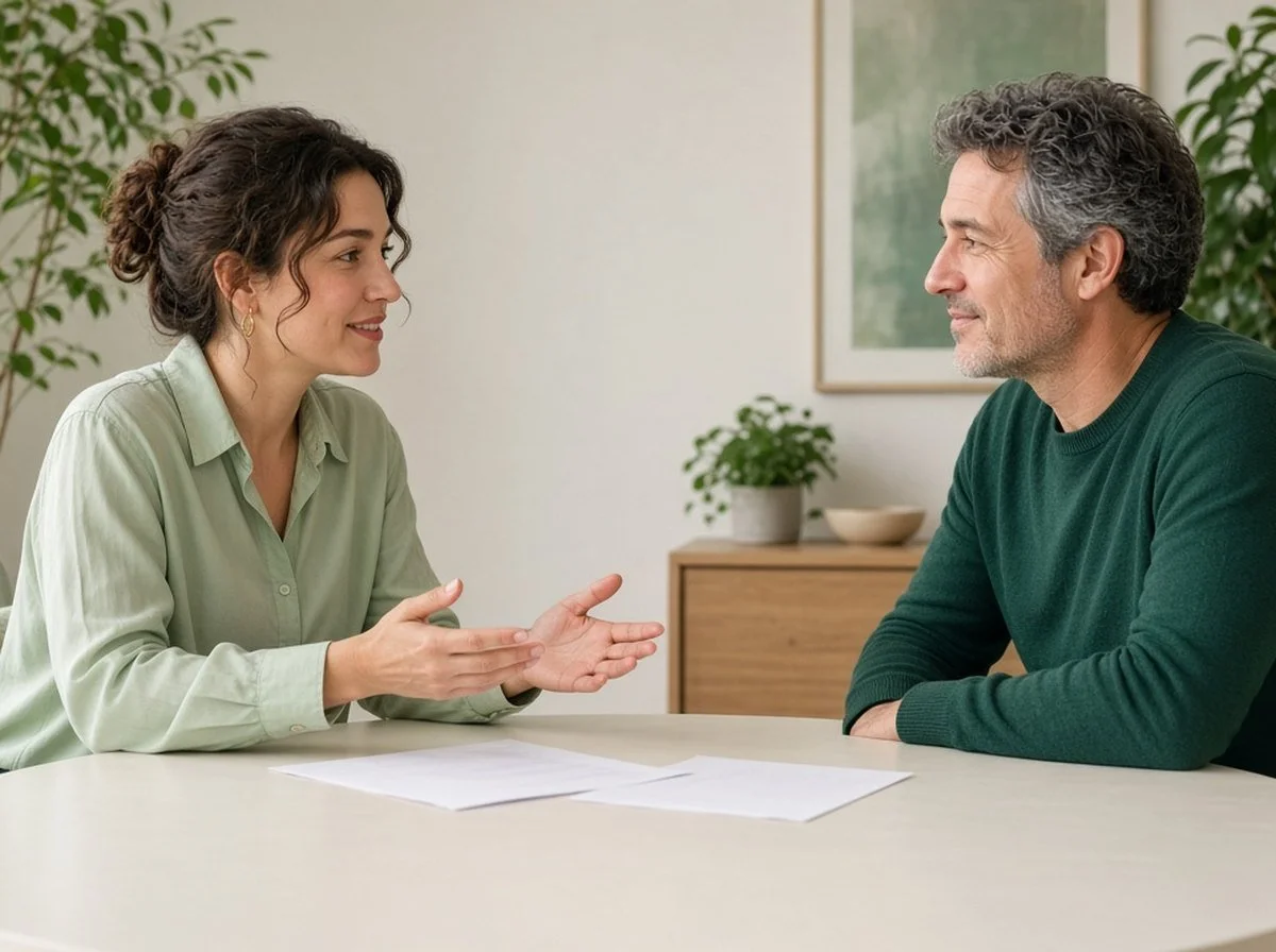 Psychologist explaining next steps to a client across a table