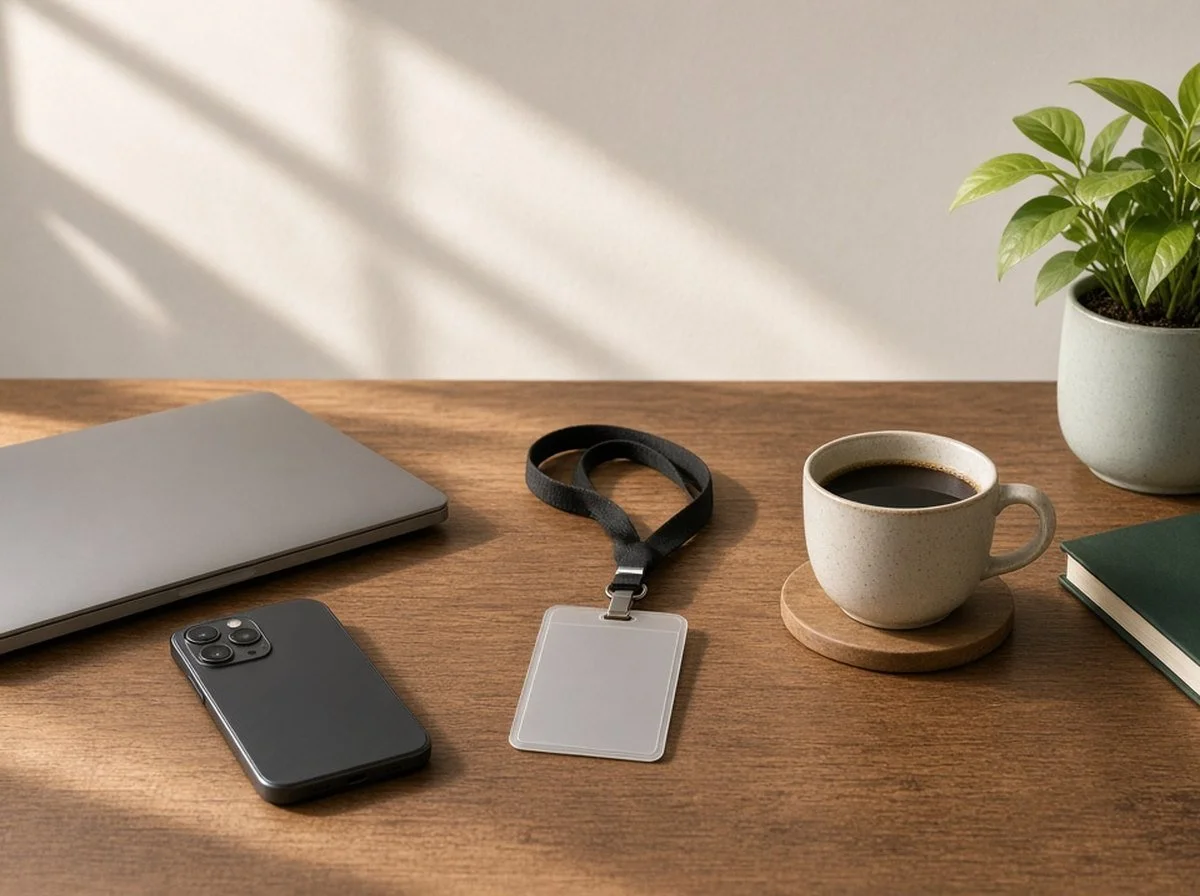 A work badge and laptop on a desk at the end of a workday
