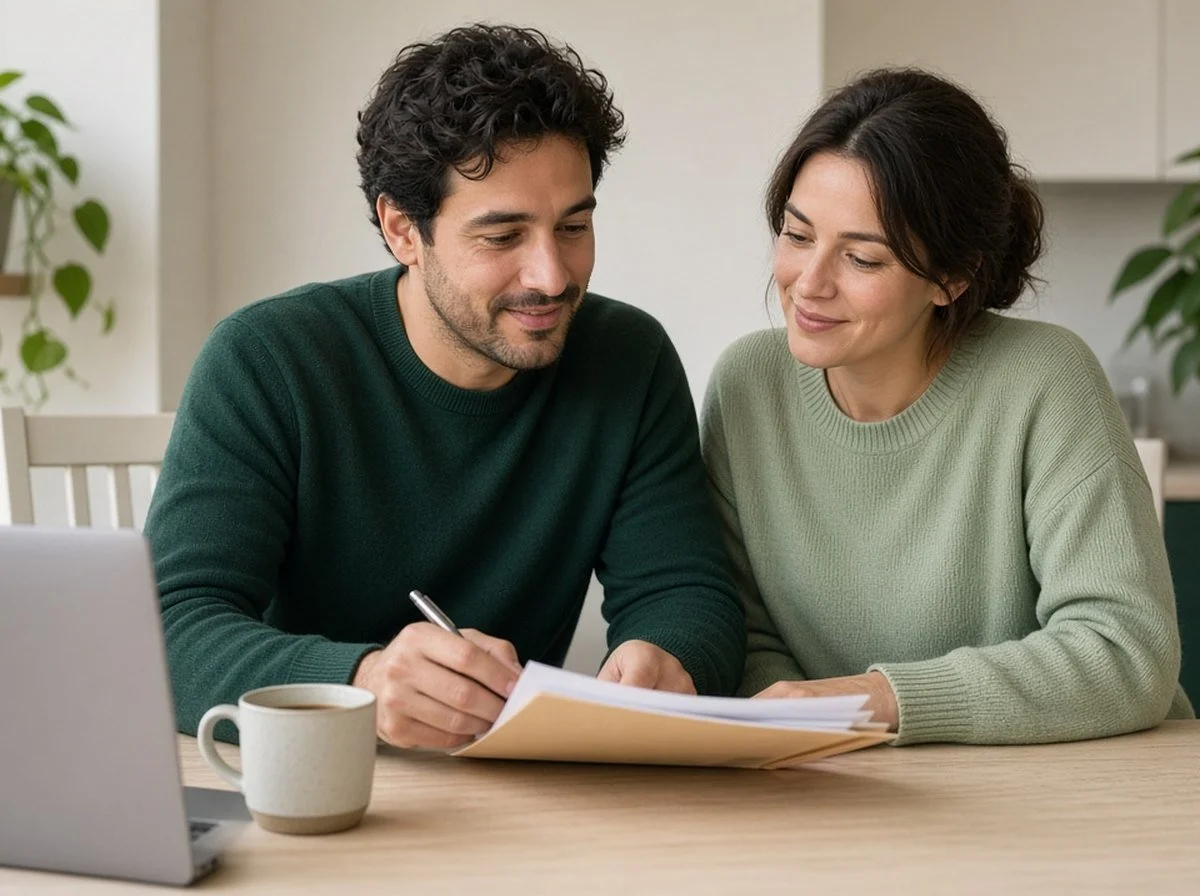 Two people at a kitchen table calmly sorting paperwork together beside a laptop