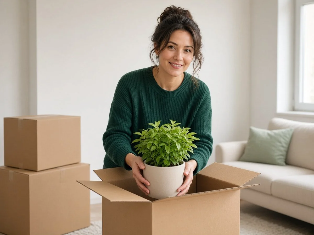 Woman unpacking a plant in her new apartment with a hopeful smile
