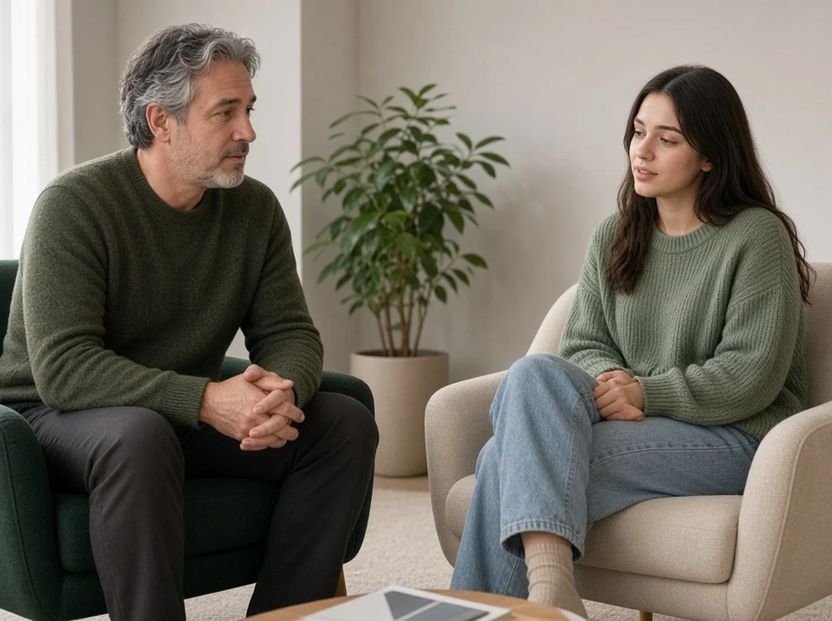 A counsellor and a client talking face to face in a calm counselling room