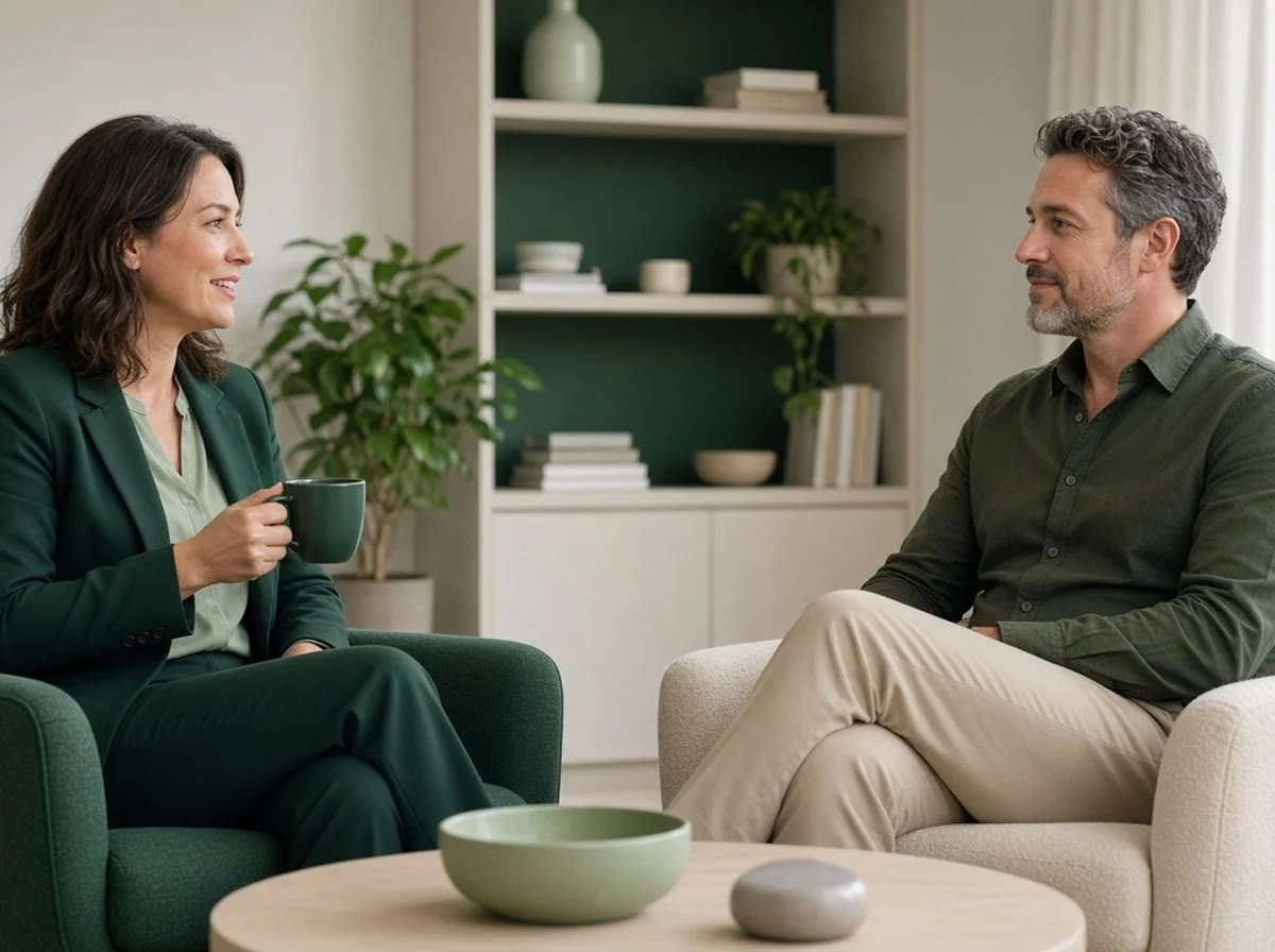A woman talking with a therapist in a calm office