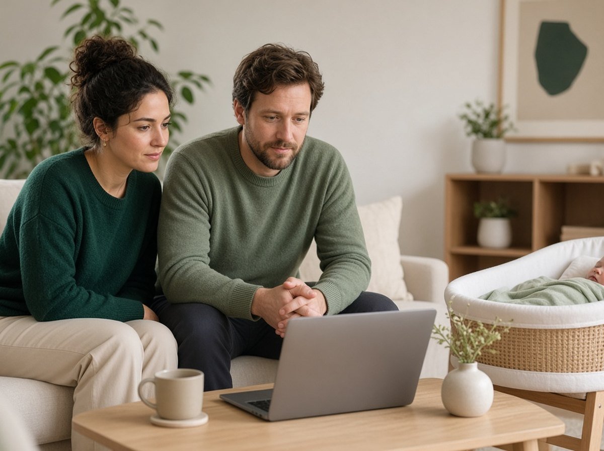 A couple in an online counselling session at home with their baby asleep nearby