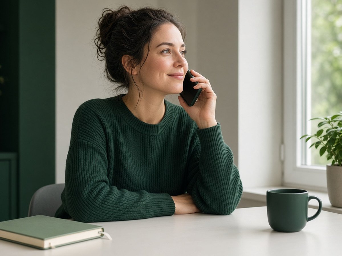 An adult on a phone call at a desk looking relieved