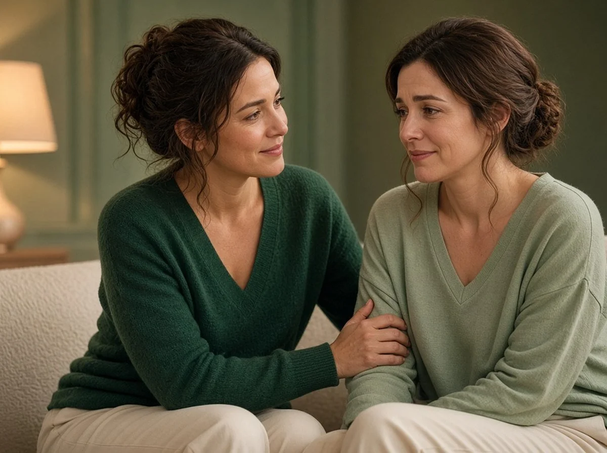 Two friends sitting close on a sofa, one comforting the other
