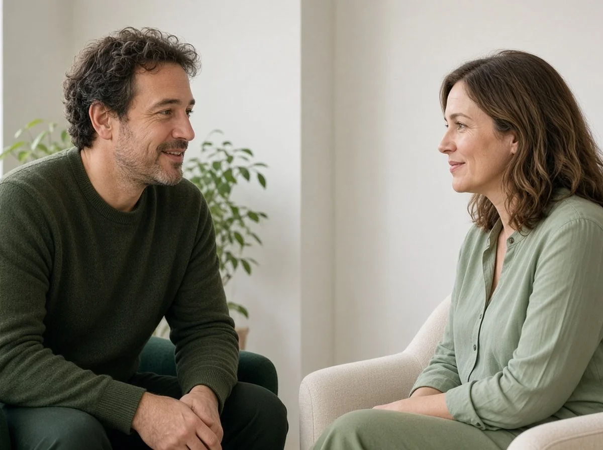 A man talking with a counsellor in a calm room