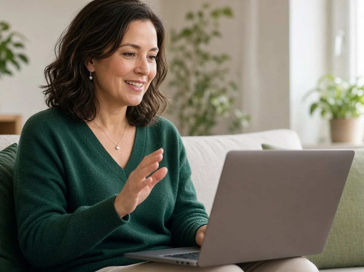 A woman in a video counselling session at home