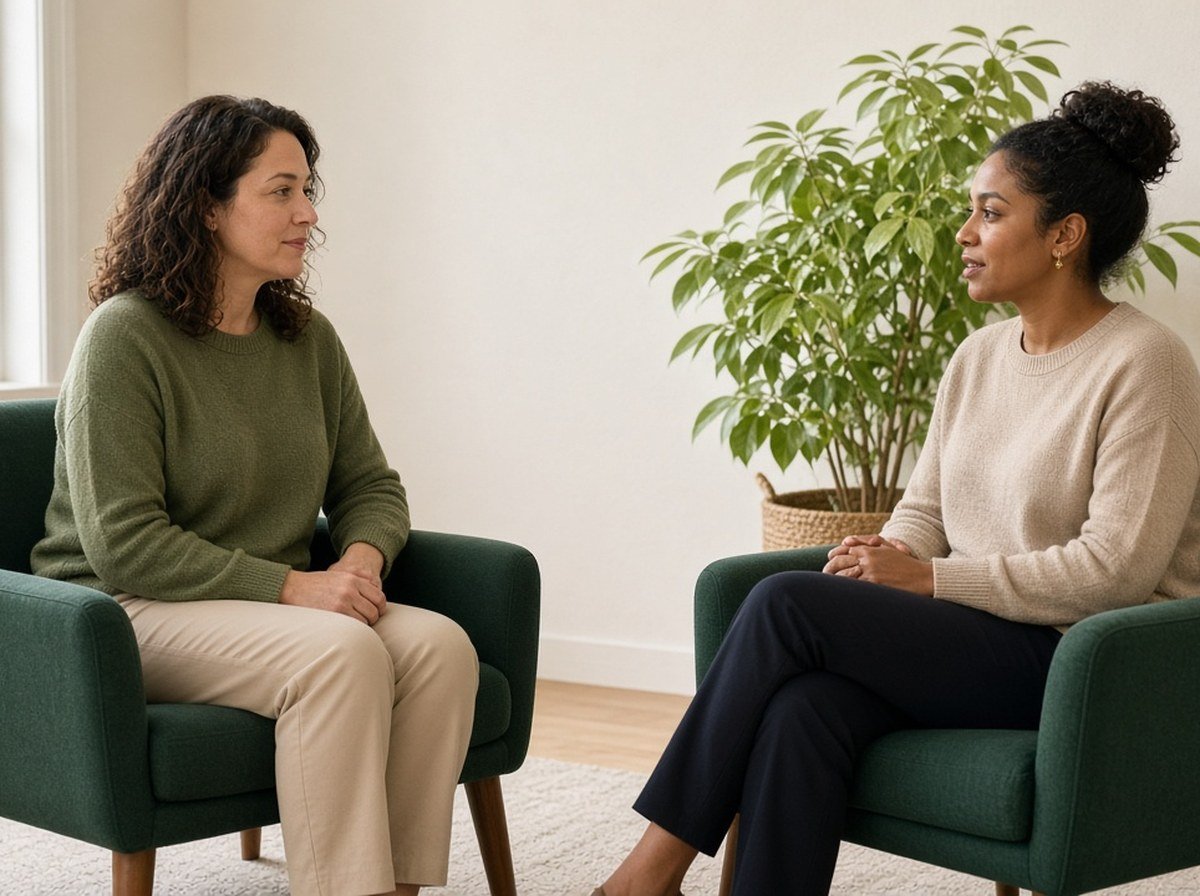 Two people facing each other talking in a bright room, both faces visible